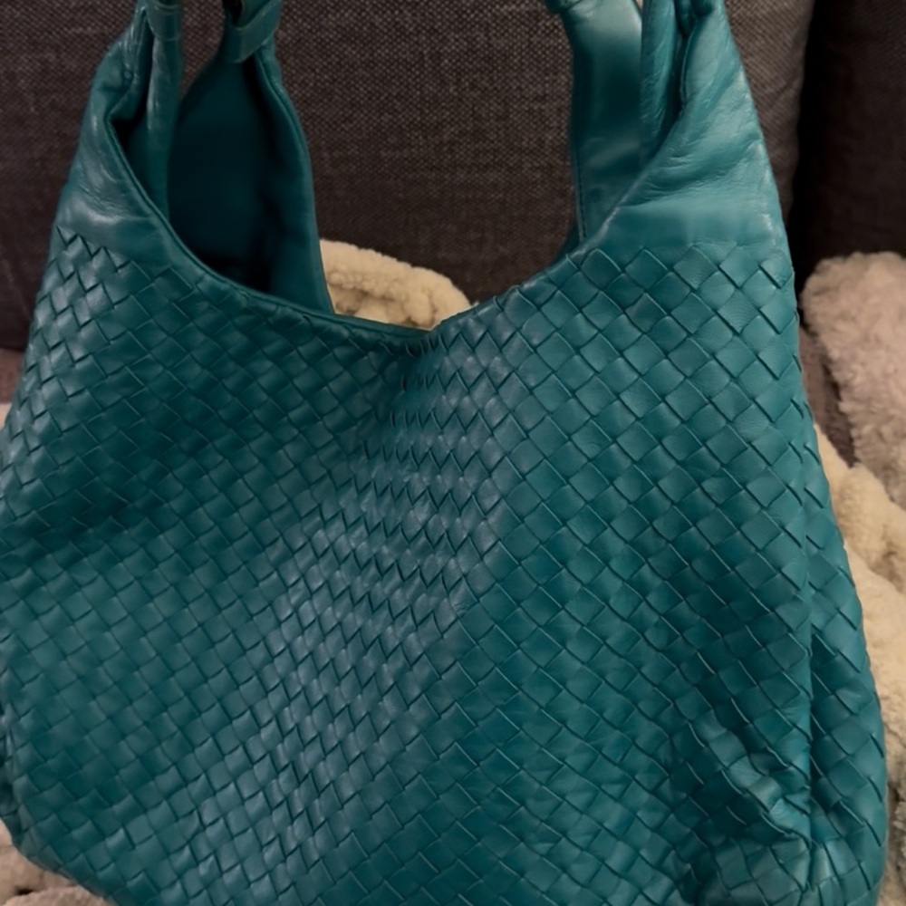Bottega Veneta Campana Teal Woven Leather Tote